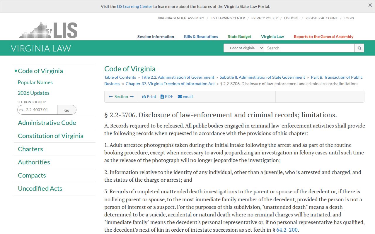 Virginia adult booking-photo disclosure law for Rockbridge County records